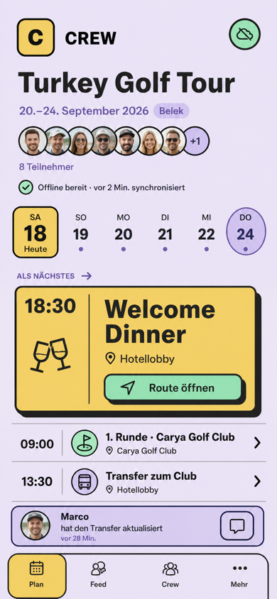 Konzeptansicht des Crew Boards für eine Golfreise mit Tagesplan und nächster Aktion.